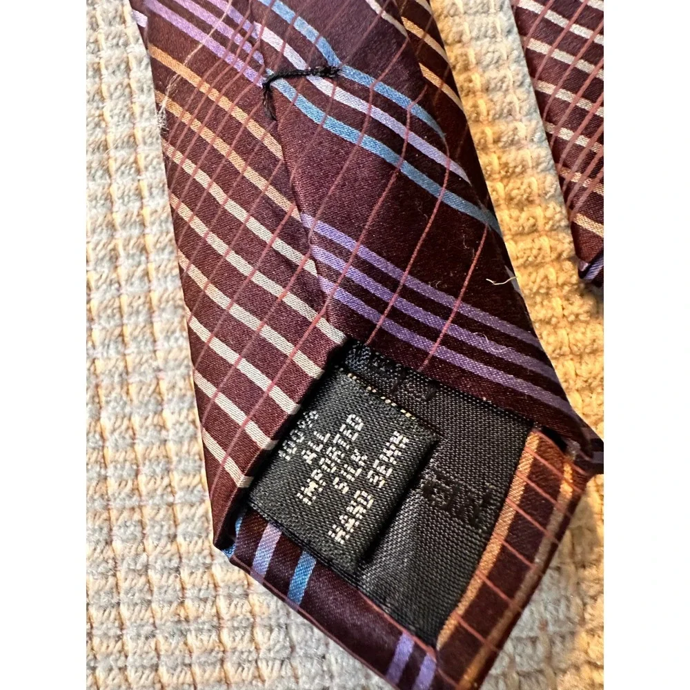 Claiborne Mens Silk Tie Burgundy Blue‎ Purple Plaid Geometric Pattern Hand Sewn